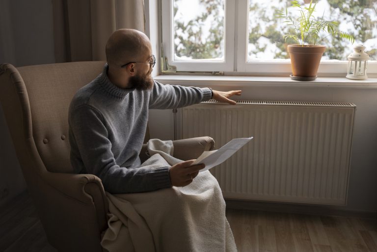 aerothermie personnes se réchauffant les mains près d’un radiateur à la maison