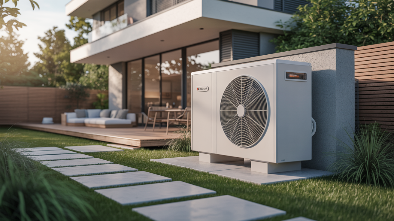 aerothermique unité extérieure installée près d’une maison contemporaine
