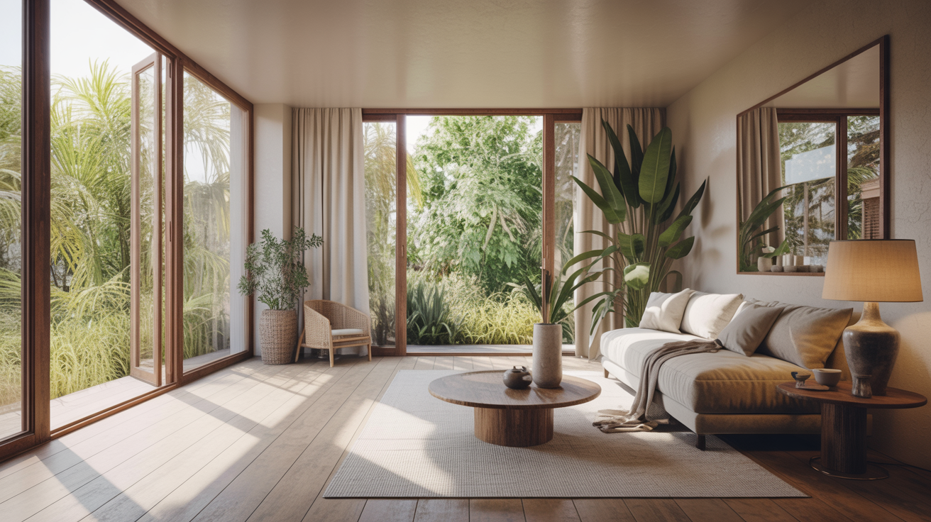 air et chaleur dans un salon moderne lumineux avec grande ouverture sur l’extérieur