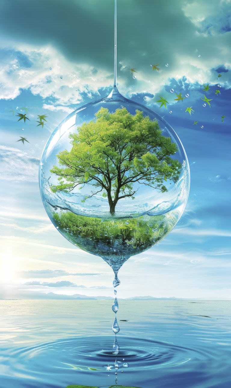 air et eau illustrés par une goutte d'eau réaliste contenant un écosystème vibrant sous un ciel lumineux