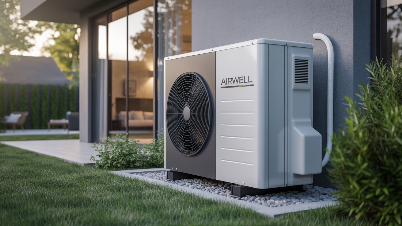 airwell pompe à chaleur placée à l’extérieur d’une maison moderne avec espace paysager