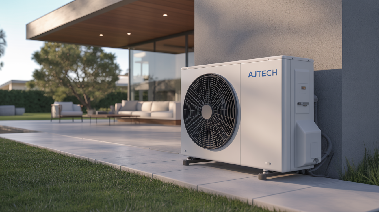 ajtech thermo inverter installé à l’extérieur d’une maison moderne, unité posée au sol