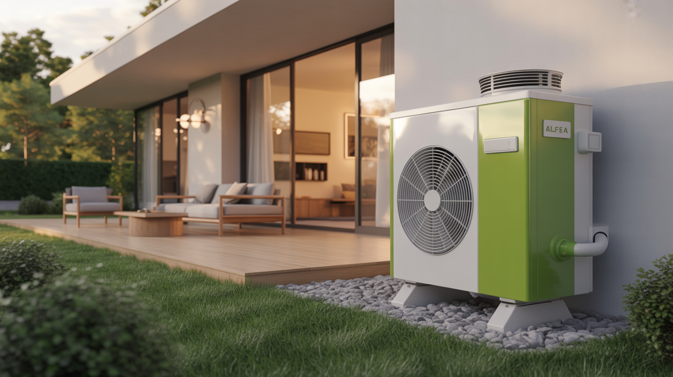 alfea excellia ai 14 installation extérieure de pompe à chaleur devant une maison moderne