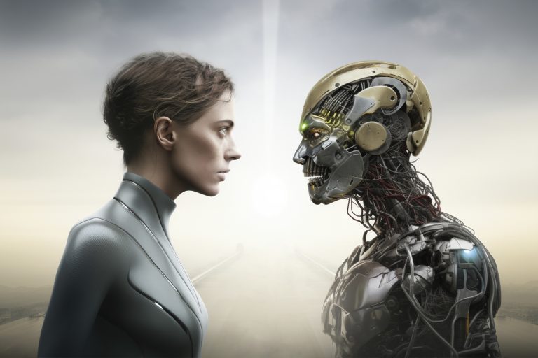 alfea excellia duo ai portrait d'une personne et d'un robot illustrant l'intelligence artificielle