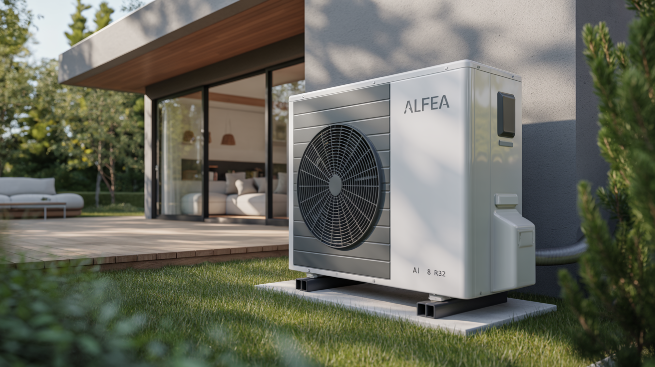 alfea extensa ai 8 r32 pompe à chaleur extérieure posée près d’une maison moderne
