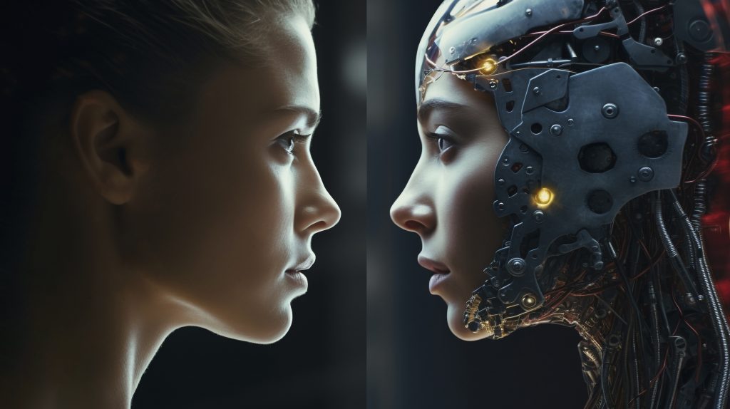 alfea extensa duo ai 10 montrant un portrait futuriste d'une personne et d'un robot ensemble