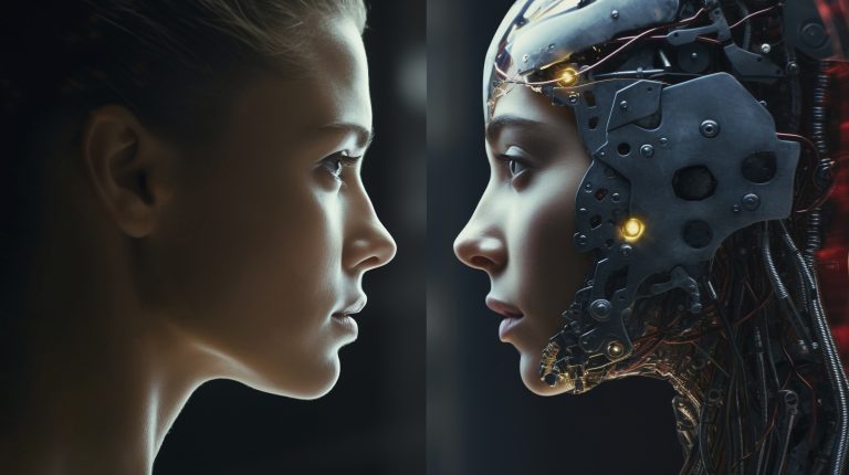 alfea extensa duo ai 10 montrant un portrait futuriste d'une personne et d'un robot ensemble