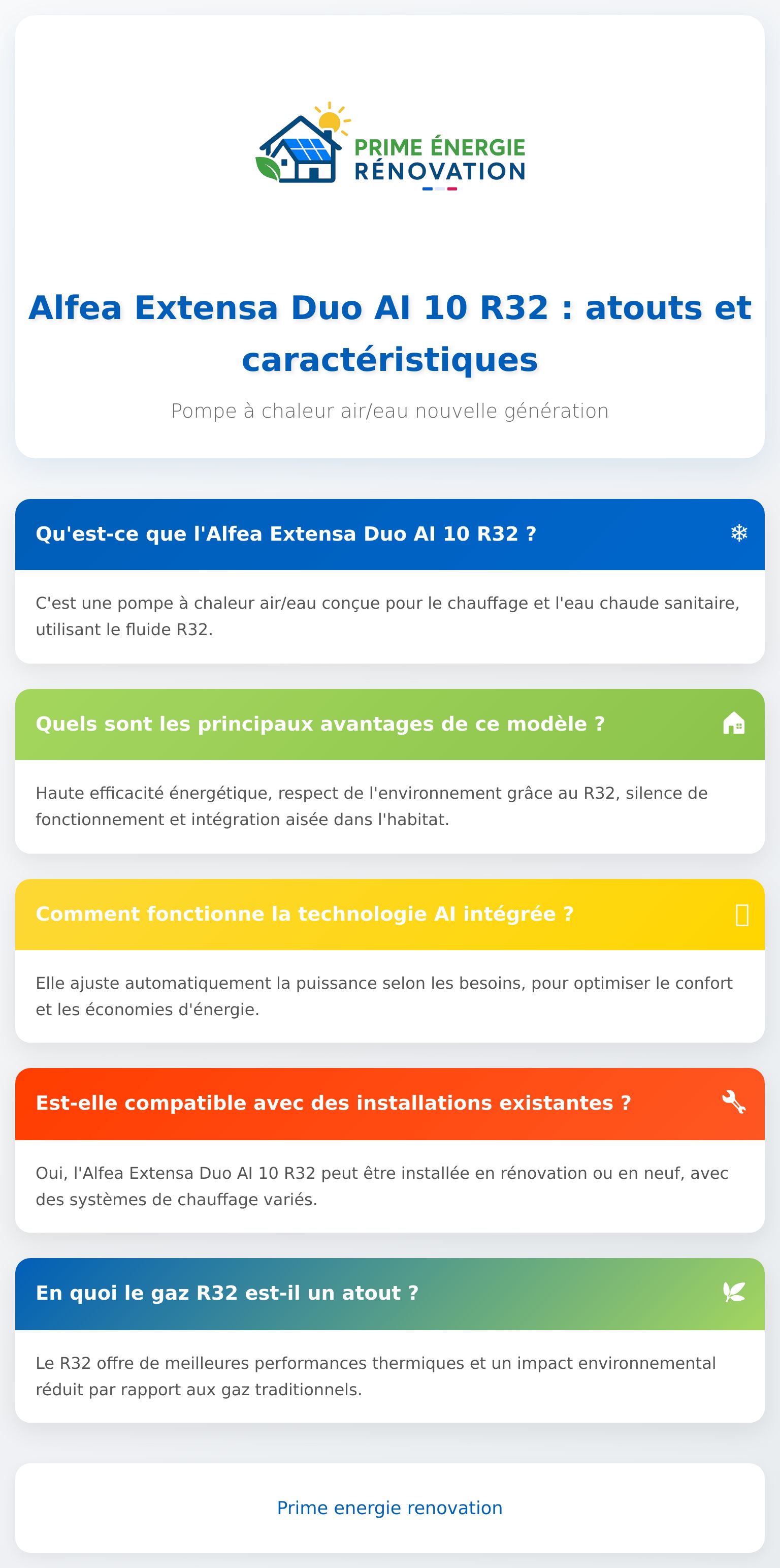Infographie sur la pompe à chaleur Alfea Extensa Duo AI 10 R32 et ses avantages clés