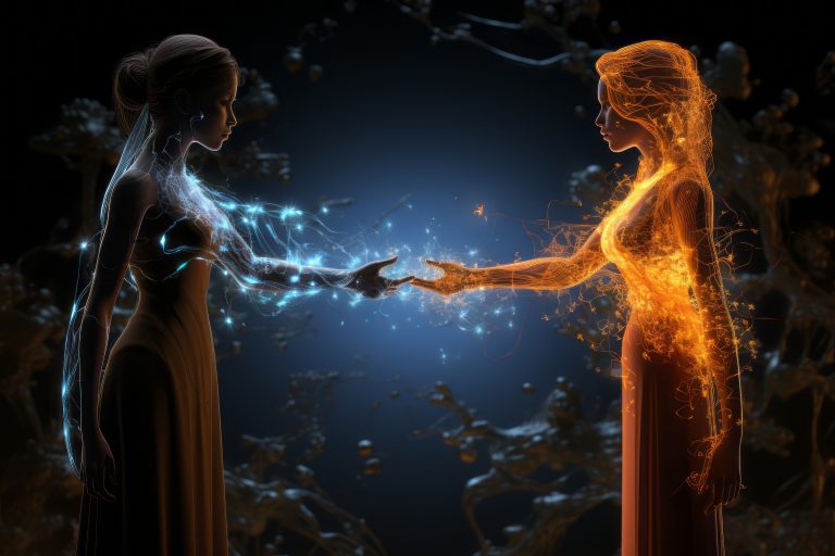 alfea extensa duo ai avatar jumeau futuriste illustrant une double identité et l'intelligence artificielle