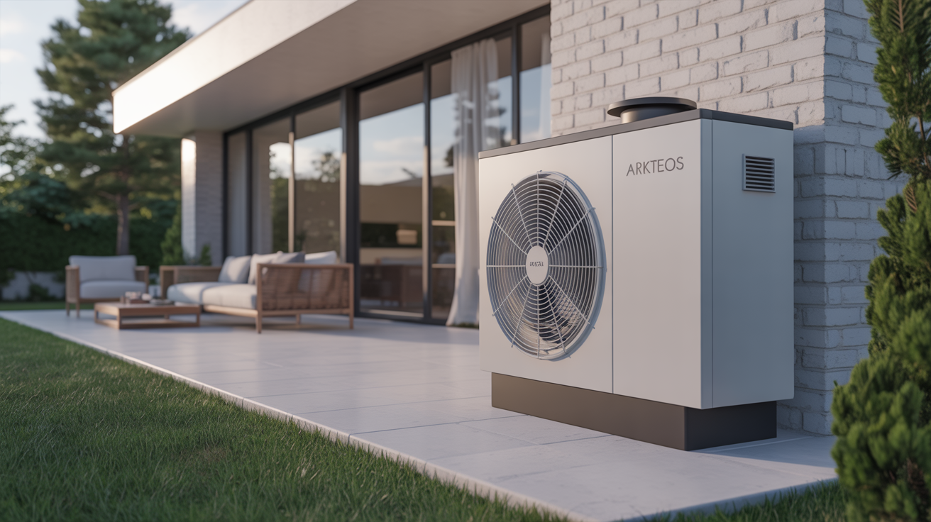 arkteos pompe a chaleur installée à l'extérieur d'une maison moderne sous un éclairage naturel