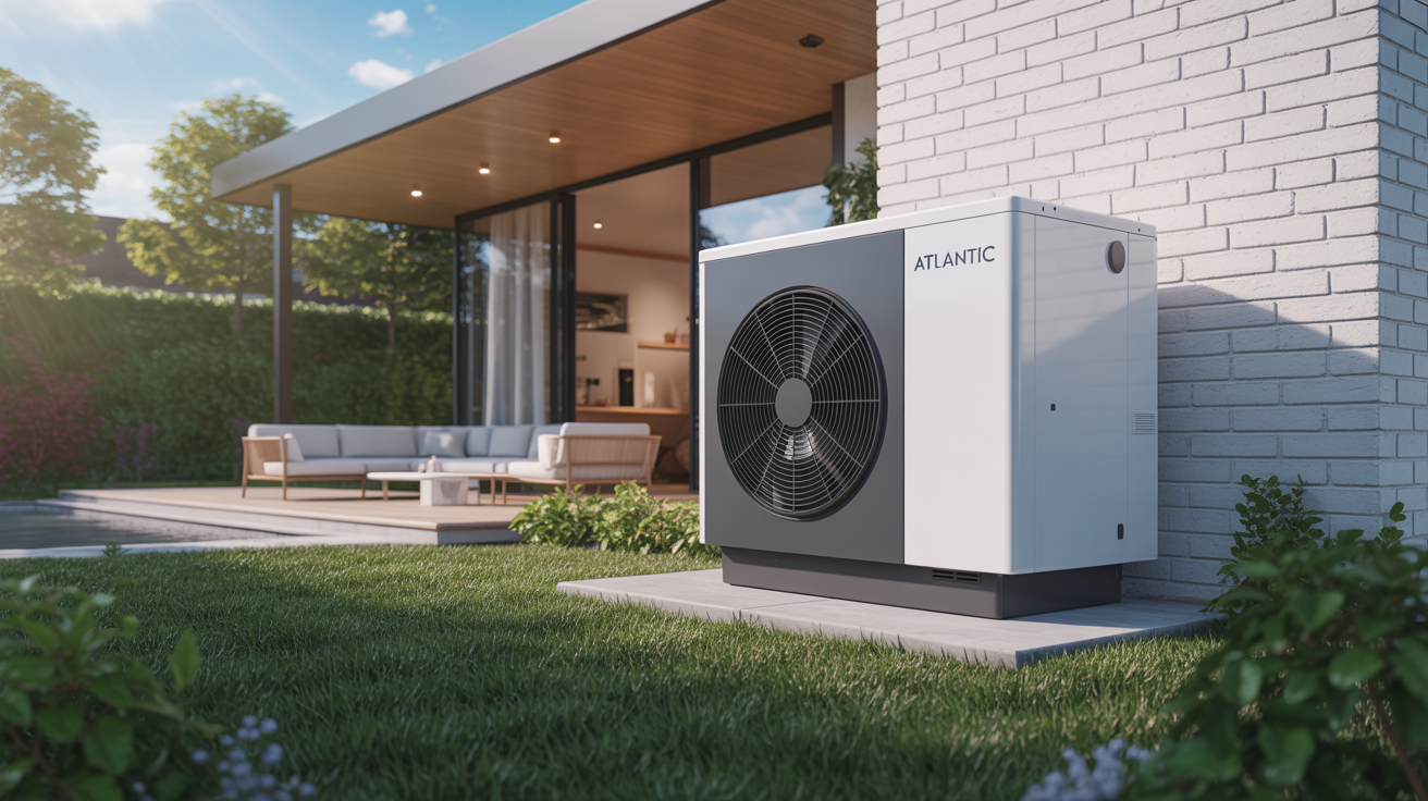 atlantic monobloc pompe à chaleur extérieure installée à côté d’une maison moderne