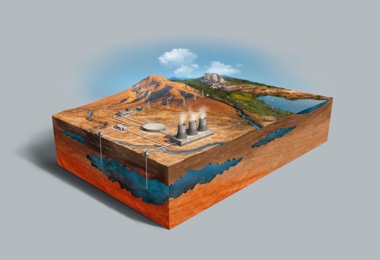 chauffage geothermie énergie renouvelable sur un terrain avec équipements techniques modernes