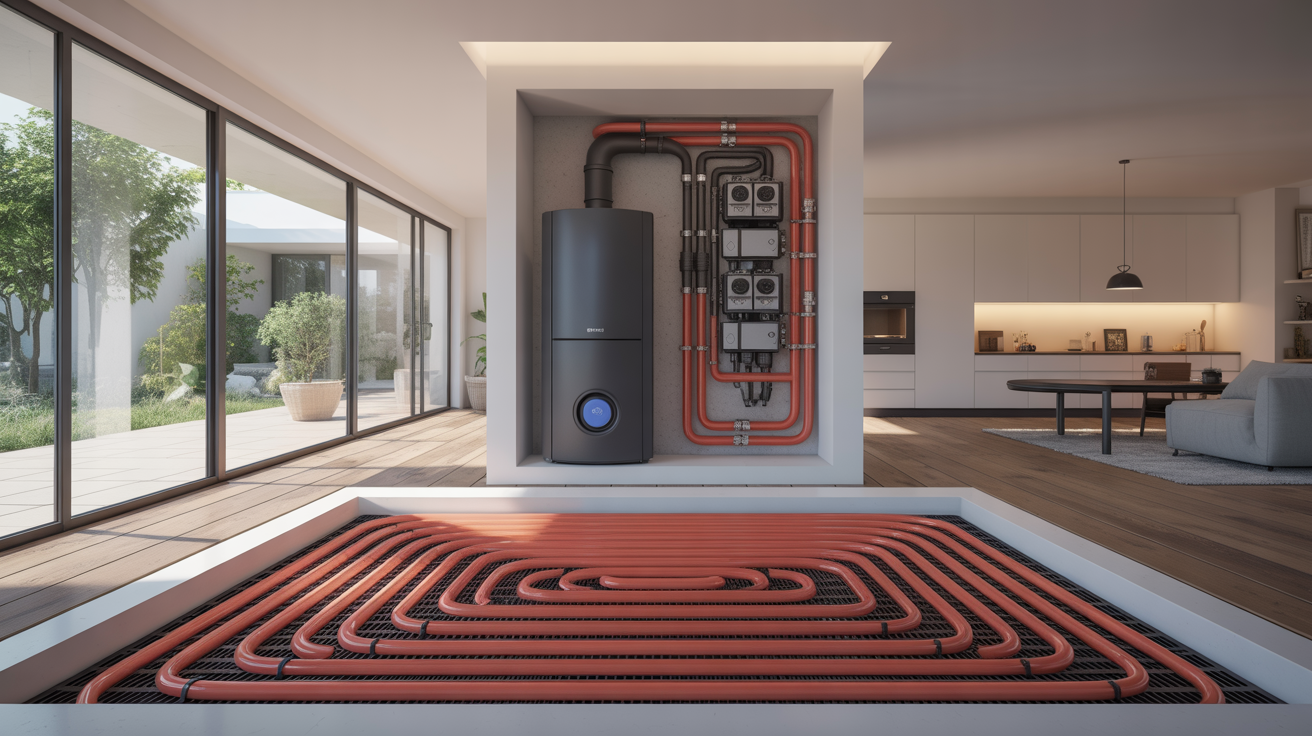 chauffage geothermie prix système géothermique intégré sous le sol d’une maison contemporaine