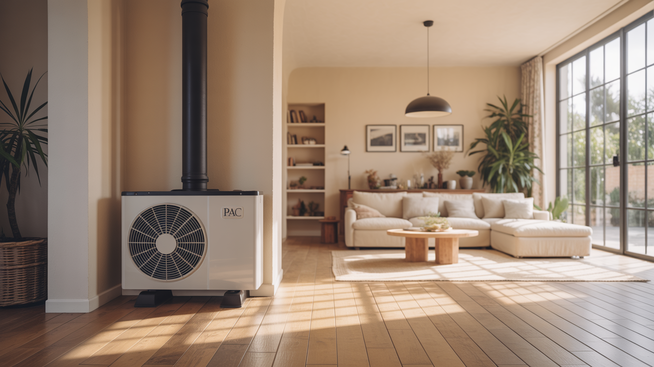 chauffage par pac installé dans un salon moderne avec lumière naturelle