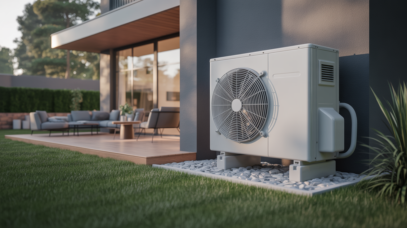 condensateur pompe à chaleur en gros plan installé à l’extérieur d’une maison moderne