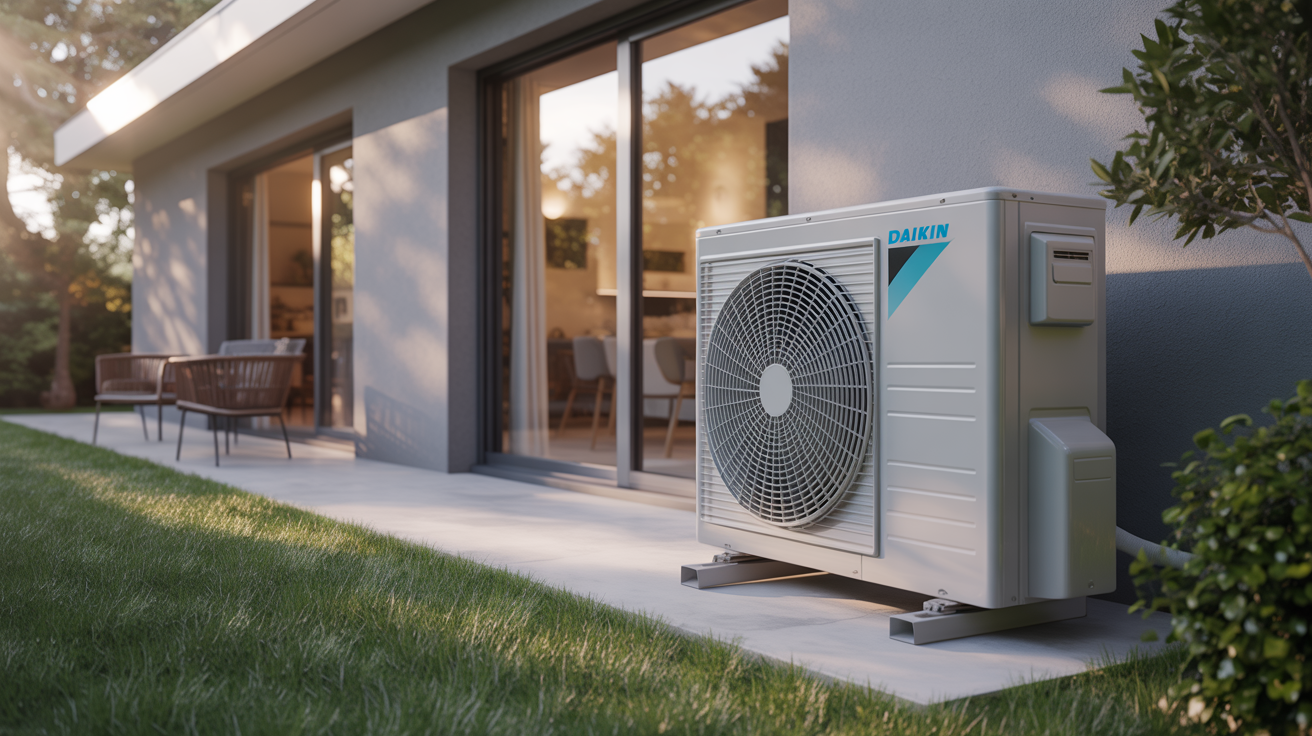 daikin altherma 2 unité extérieure posée près d’une maison moderne sous une lumière naturelle