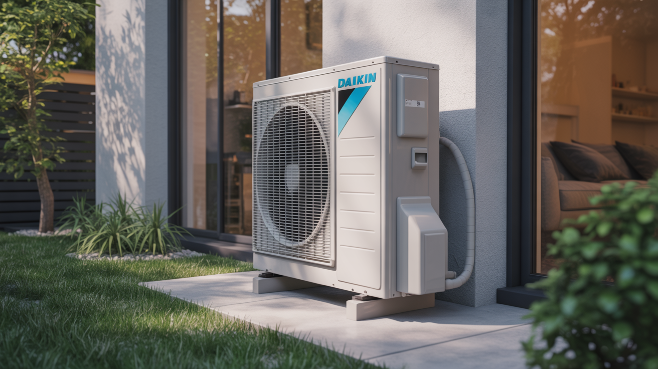 daikin altherma haute température bi bloc r410a installé à l’extérieur d’une maison urbaine avec finition moderne
