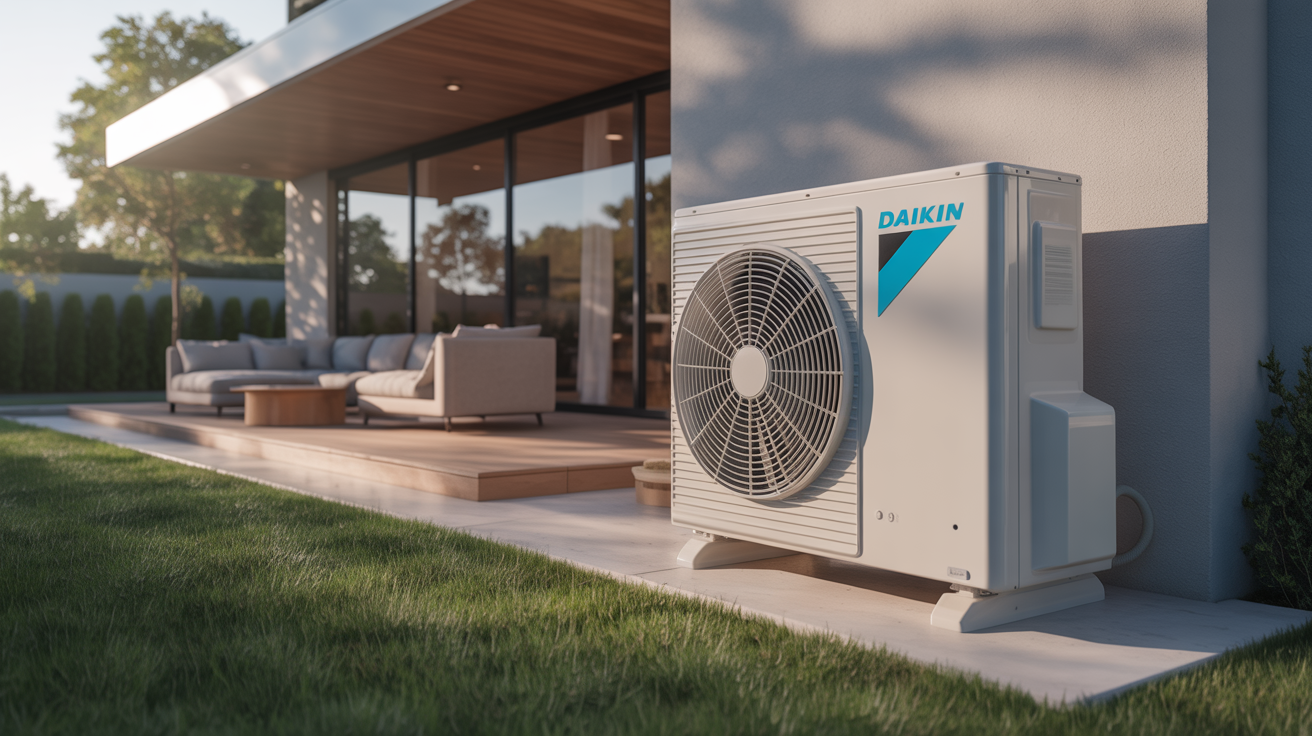 daikin pompe à chaleur installée à l’extérieur d’une maison moderne avec environnement soigné