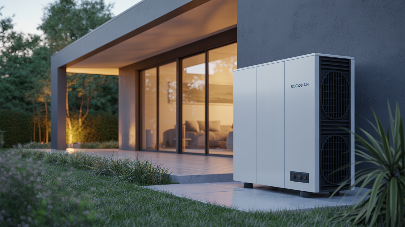 ecodan hydrobox duo power inverter silence r32 installé près d’une maison contemporaine dans un environnement paysager moderne