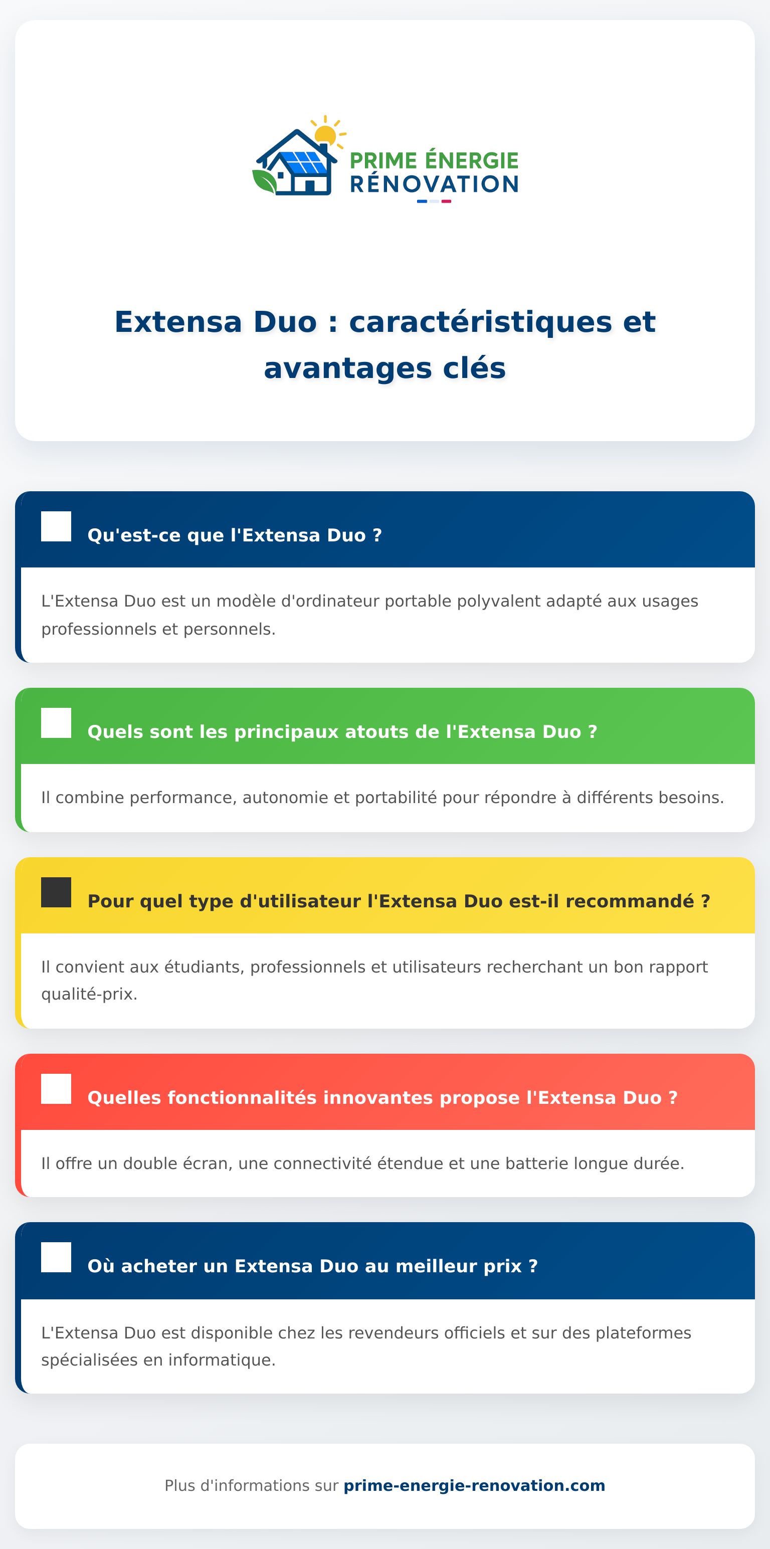 Infographie résumant les avantages et caractéristiques clés de l'Extensa Duo