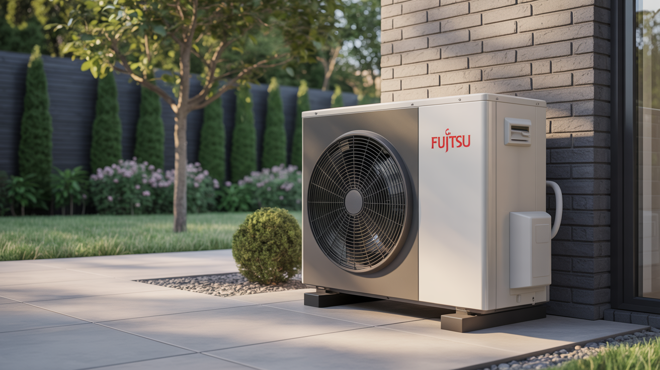 fujitsu pompe a chaleur placée à l’extérieur d’une maison contemporaine