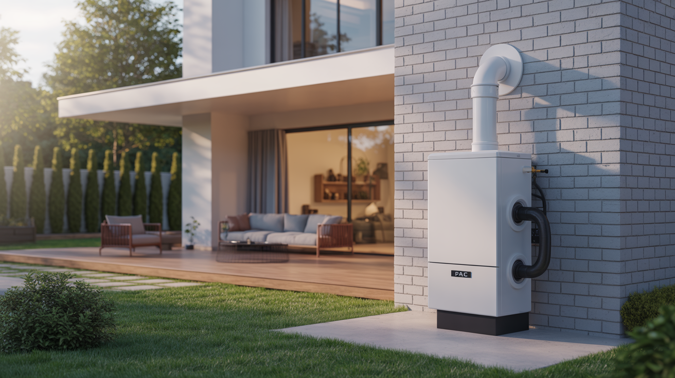 gaz pac installé à l’extérieur d’une maison contemporaine avec environnement soigné