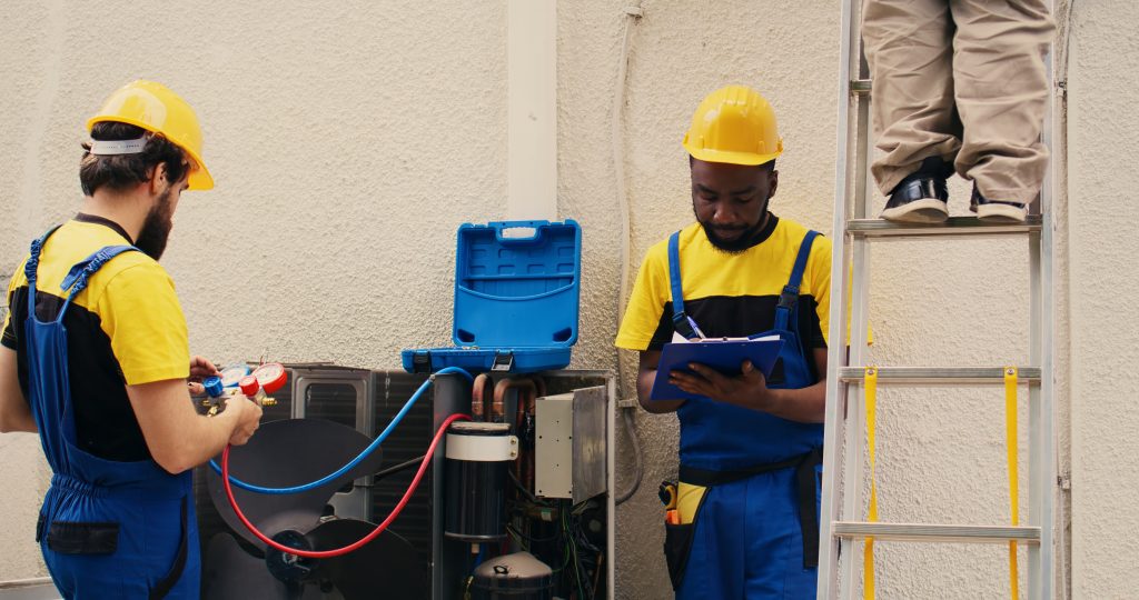 groupe de sécurité pompe à chaleur avec équipe utilisant des manomètres pour vérifier un système thermique