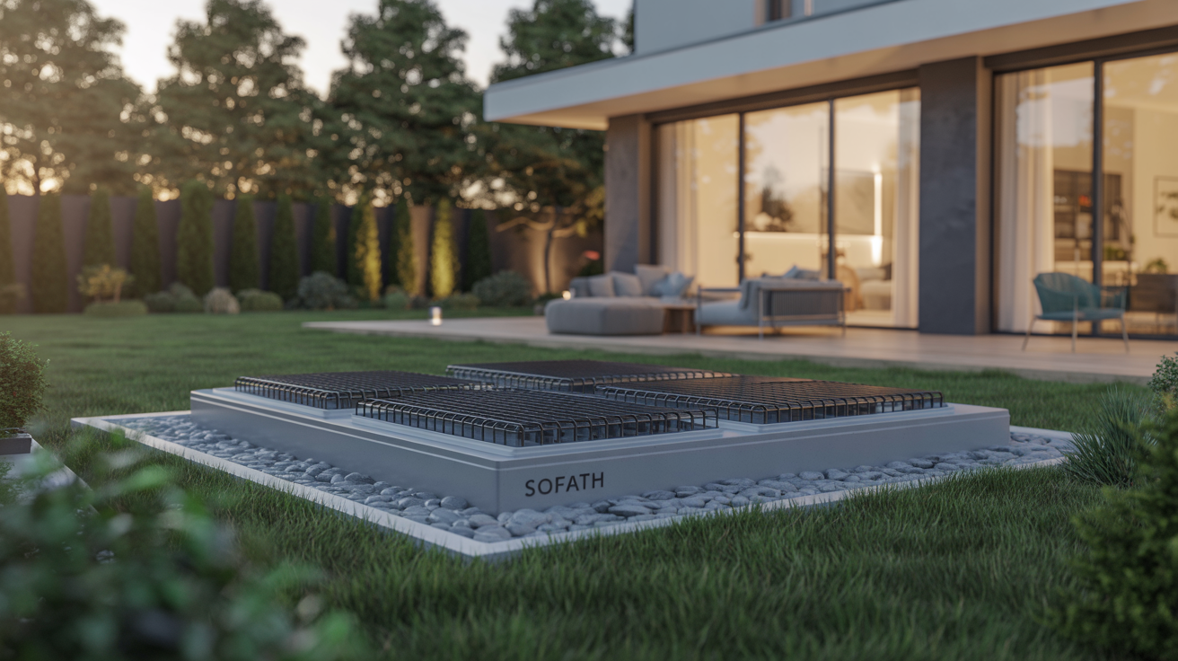 géothermie sofath installée dans un jardin résidentiel avec sondes géothermiques apparentes