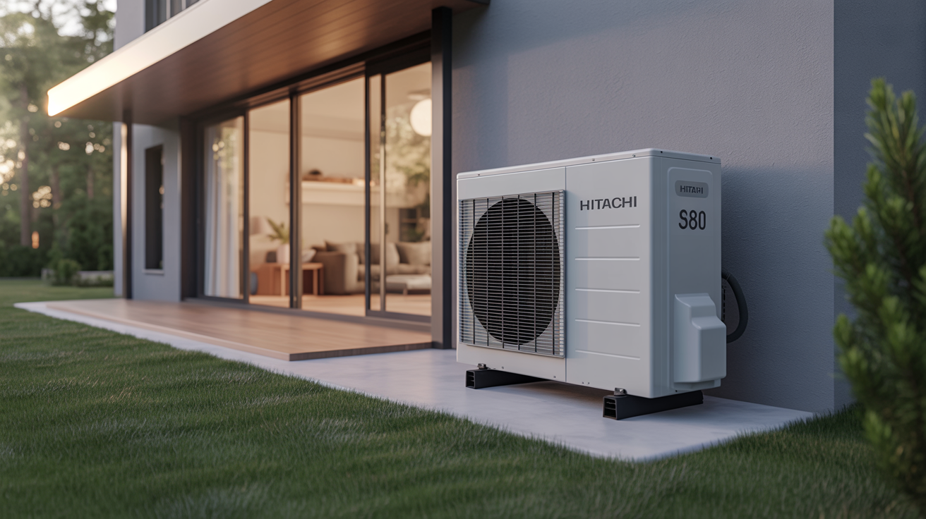 hitachi yutaki s80 11kw unité extérieure installée près d’une maison moderne