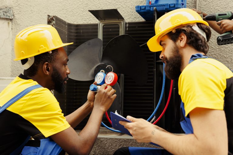 installateur pompe à chaleur daikin en équipe remplaçant un ancien climatiseur extérieur