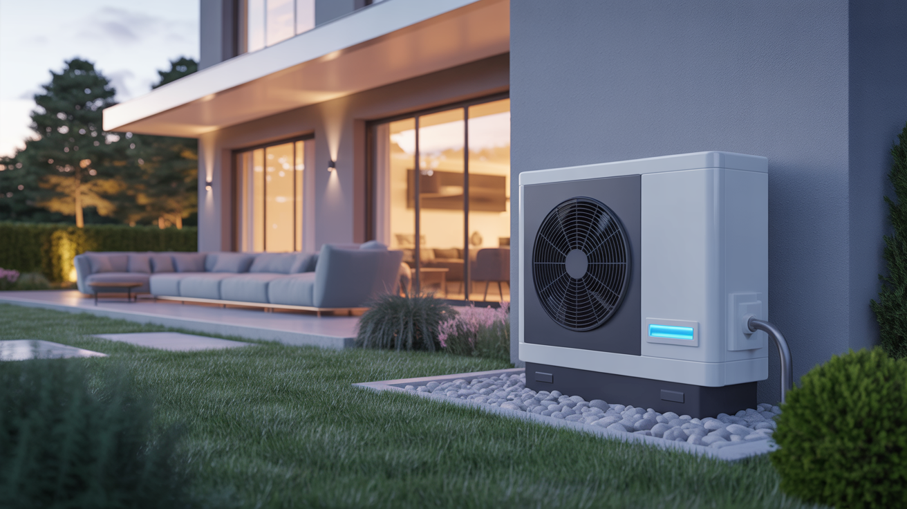 la pompe à chaleur air eau en fonctionnement devant une maison moderne et lumineuse
