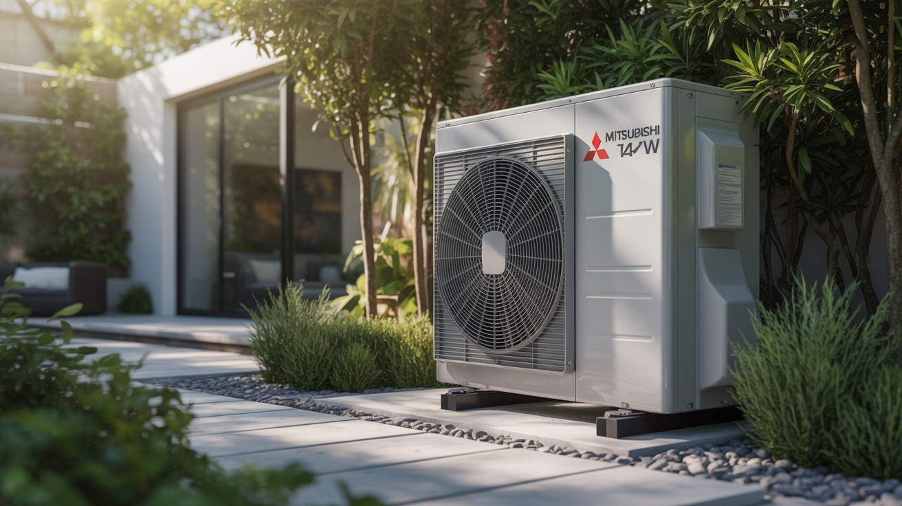 mitsubishi zubadan 14 kw silence installée en extérieur dans un jardin bien aménagé