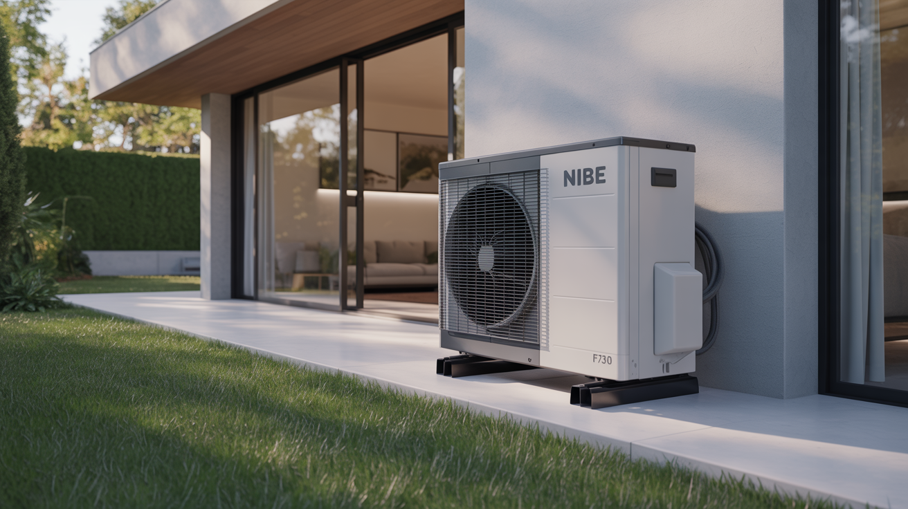 nibe f730 prix avec pompe à chaleur placée devant une maison contemporaine