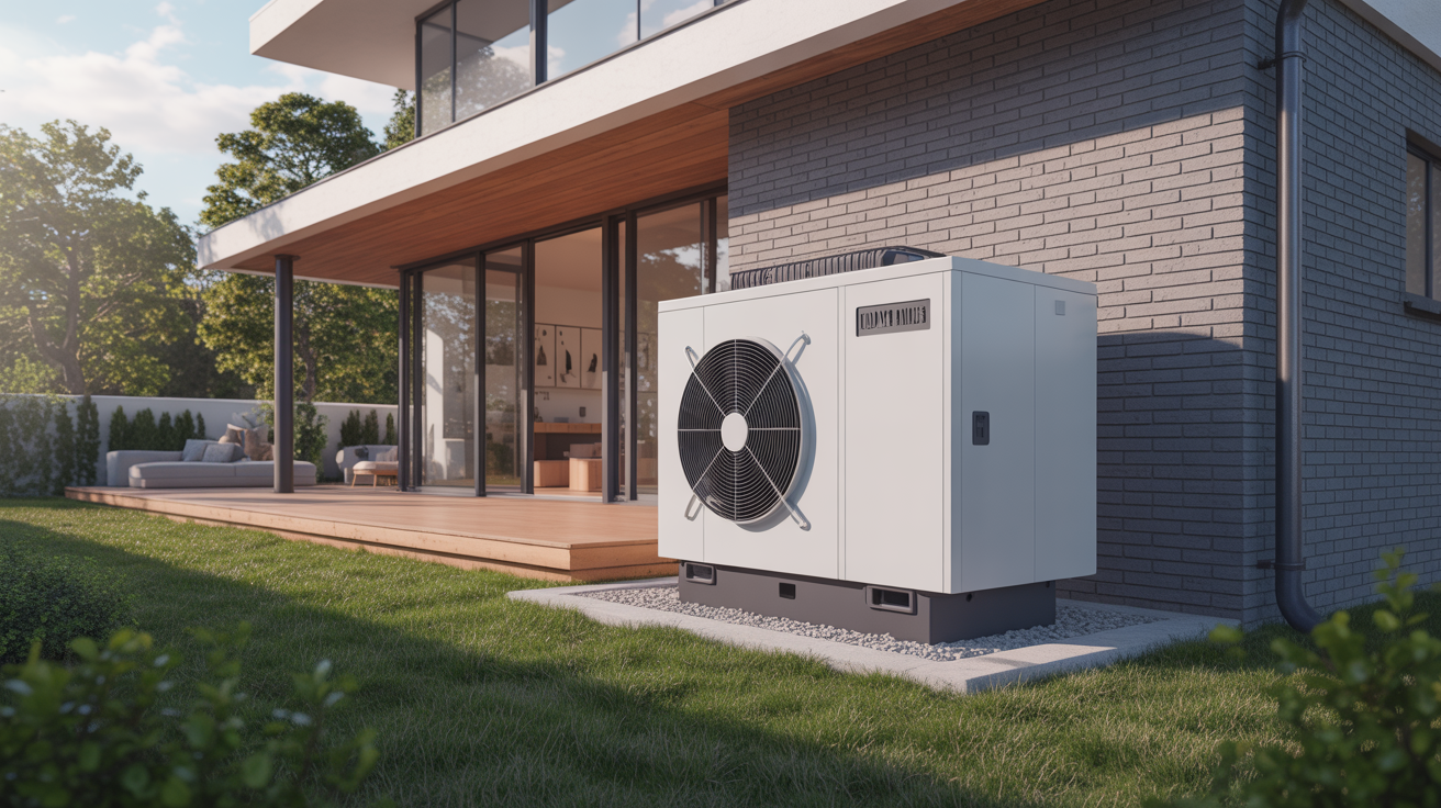 pac acoustique en extérieur avec caisson d’isolation installé près d’une maison moderne