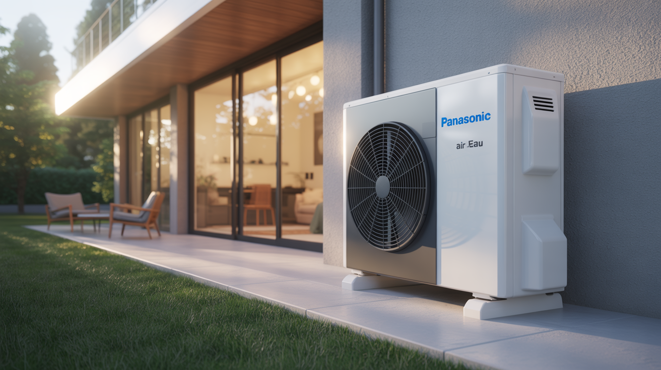 pac air eau panasonic extérieure installée devant une maison moderne