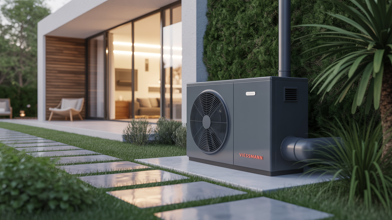 pac air eau viessmann installée à l’extérieur d’une maison moderne avec végétation