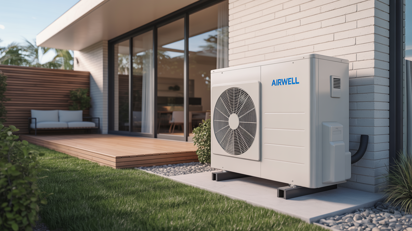 pac airwell installée à l’extérieur d’une maison moderne, unité visible en journée