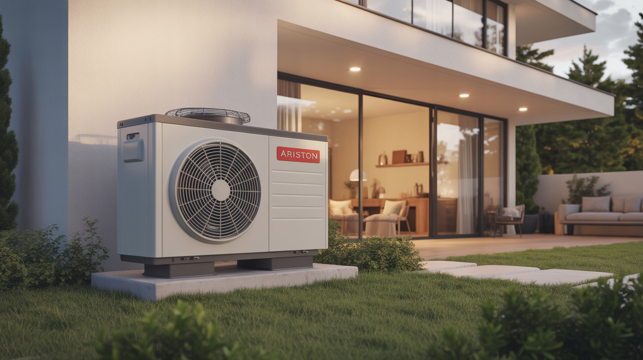 pac ariston installée à l’extérieur d’une maison moderne, lumière naturelle et détails nets