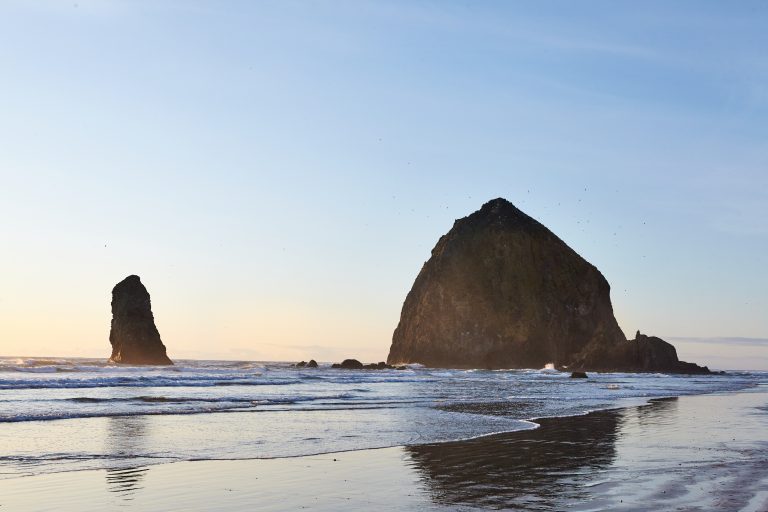 pac atlantic alfea sur le rivage rocheux de l'océan Pacifique avec Haystack Rock en arrière-plan