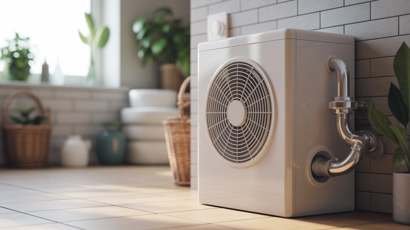 pac chauffe eau installée dans une buanderie moderne avec lumière naturelle