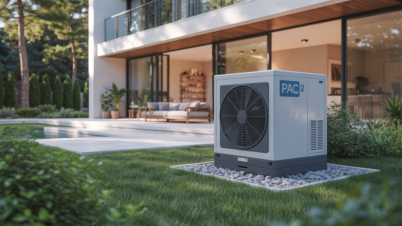 pac co2 positionnée près d’une maison contemporaine dans un jardin paysager