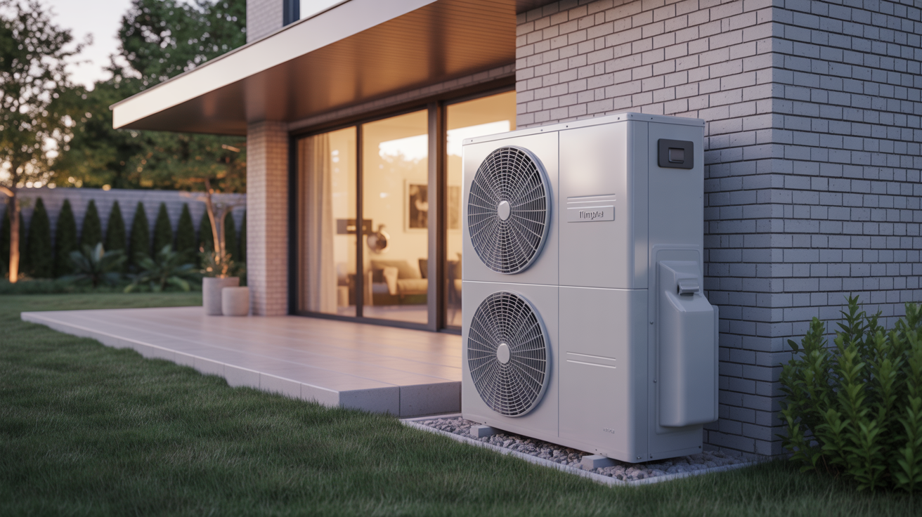 pac dimplex installée à l’extérieur d’une maison moderne dans un jardin résidentiel