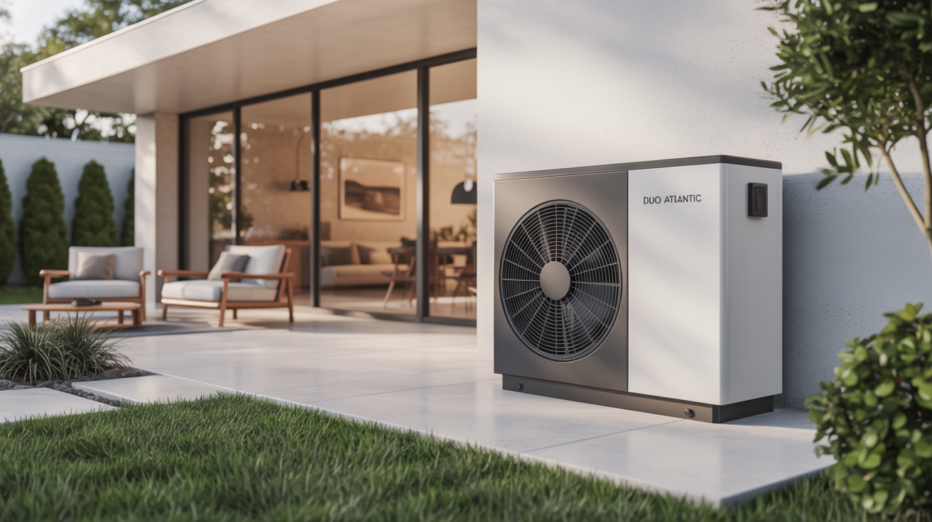 pac duo atlantic installé à l’extérieur d’une maison moderne, unité hybride visible