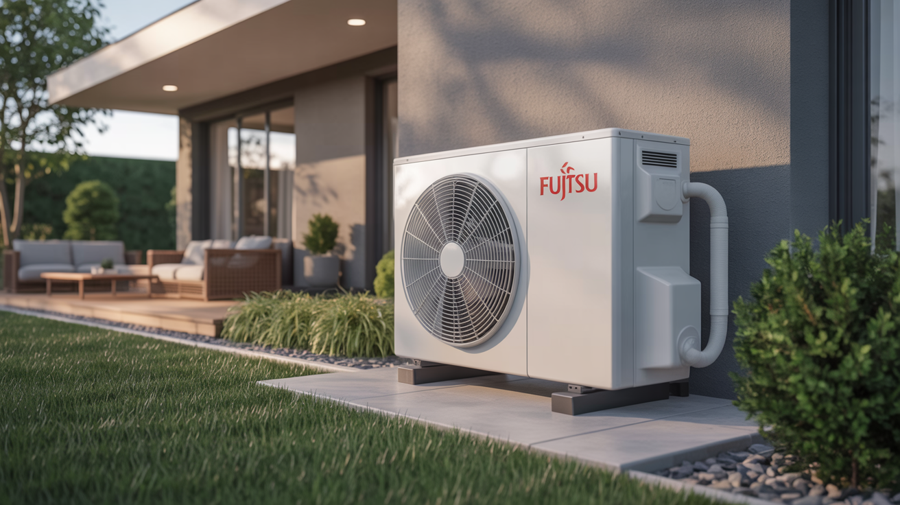 pac fujitsu installée devant une maison moderne avec jardin élégant