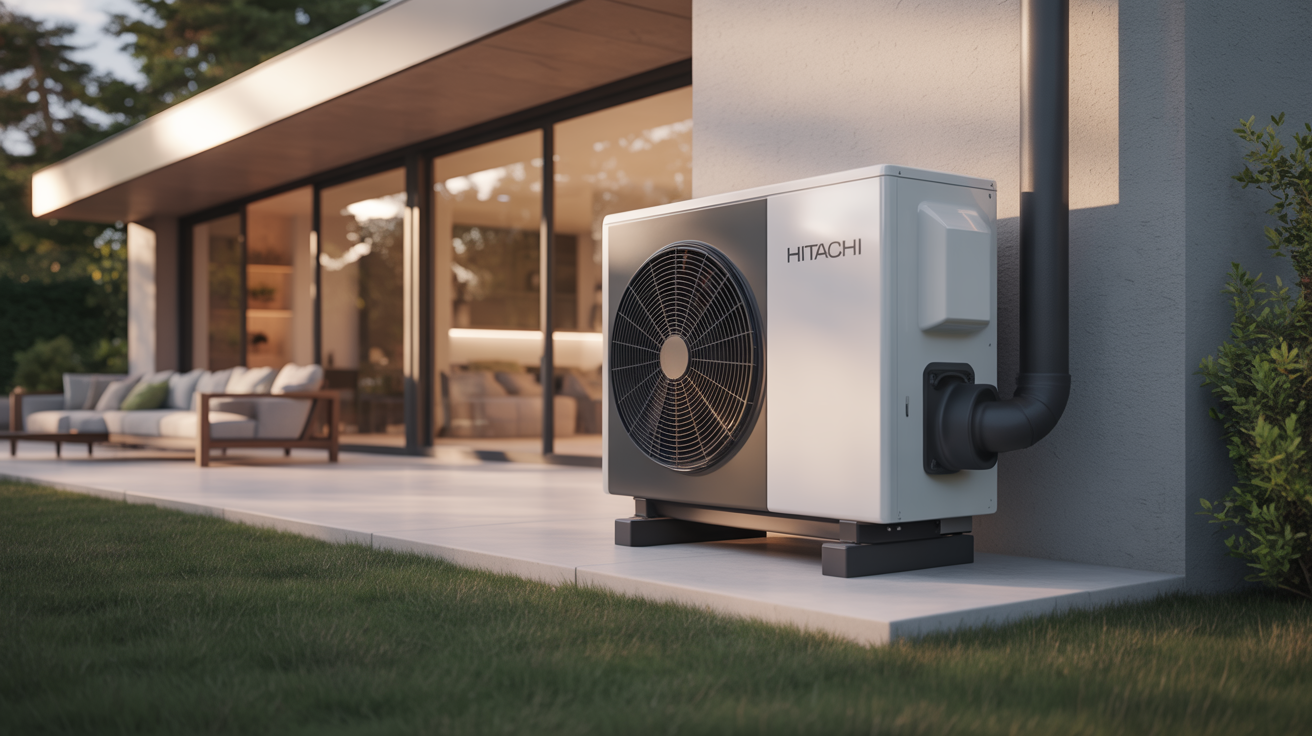 pac hitachi yutaki s combi installée à l’extérieur d’une maison moderne