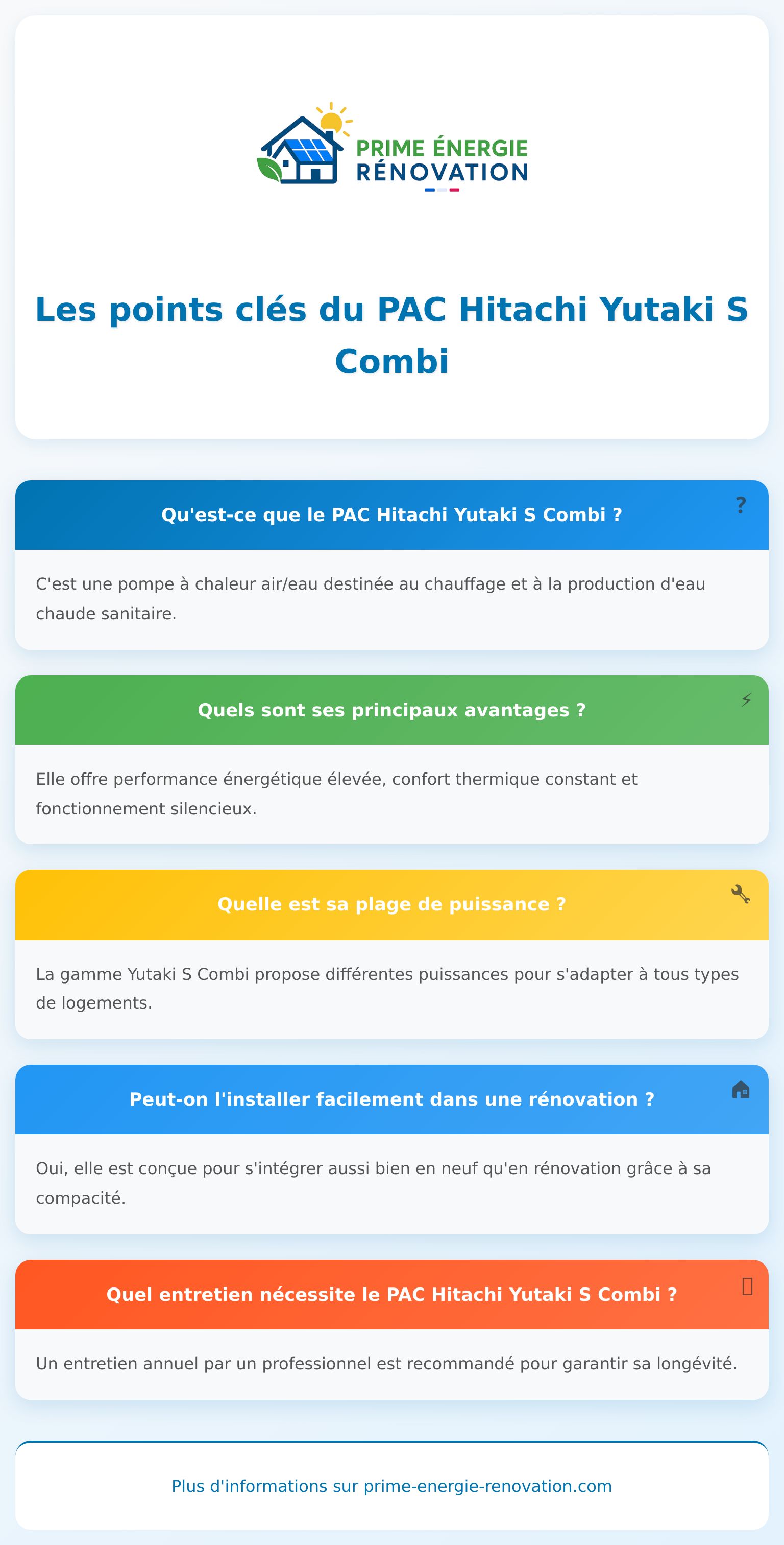 Infographie sur la PAC Hitachi Yutaki S Combi avec ses avantages, usages et entretien