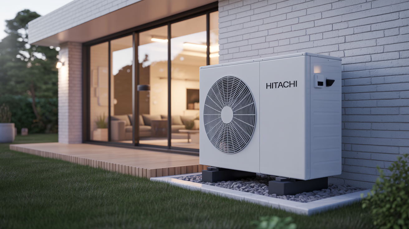 pac hitachi yutaki installée à l’extérieur d’une maison moderne avec unité extérieure bien mise en valeur