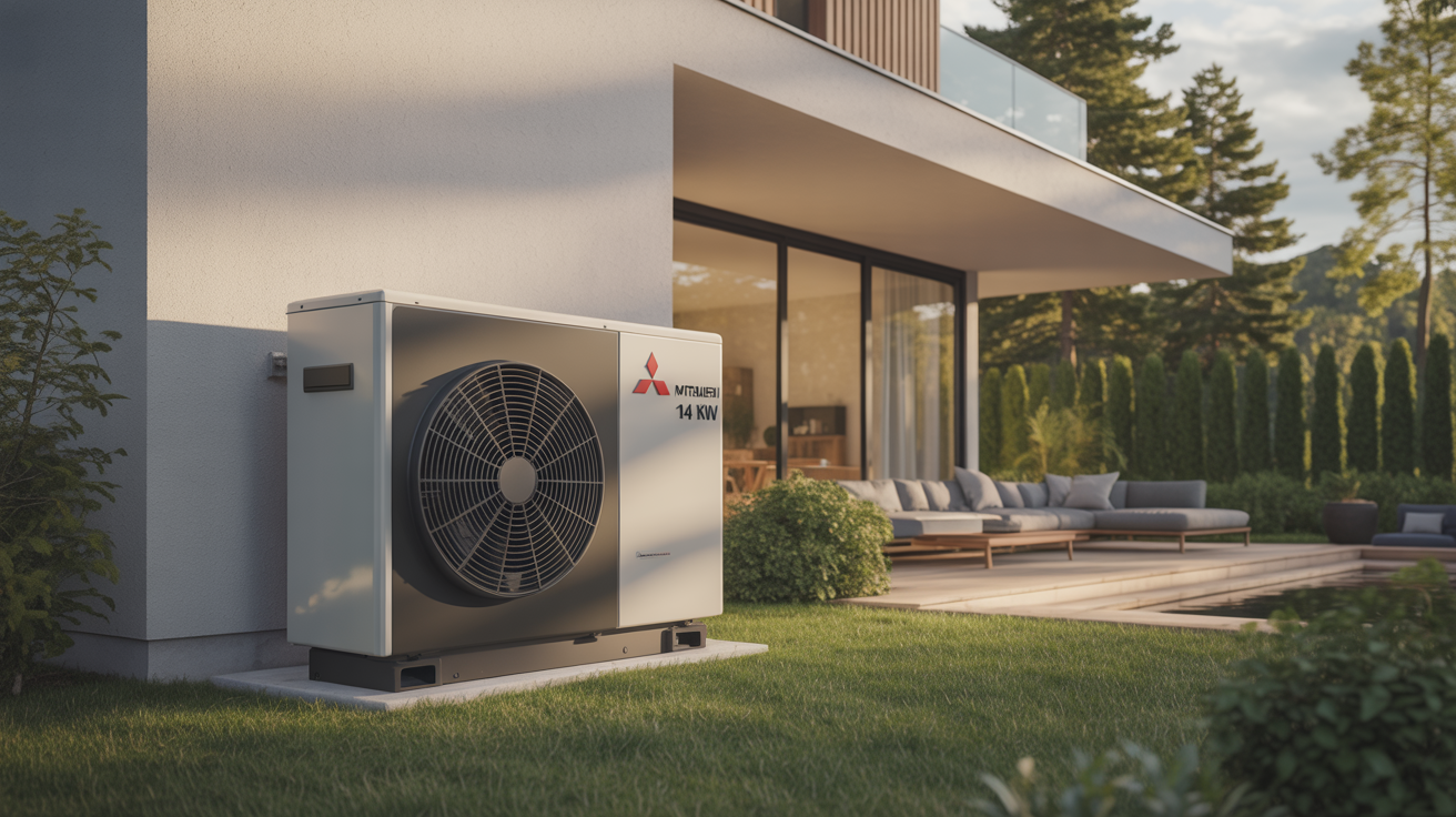 pac mitsubishi zubadan 14 kw installée à l’extérieur d’une maison moderne