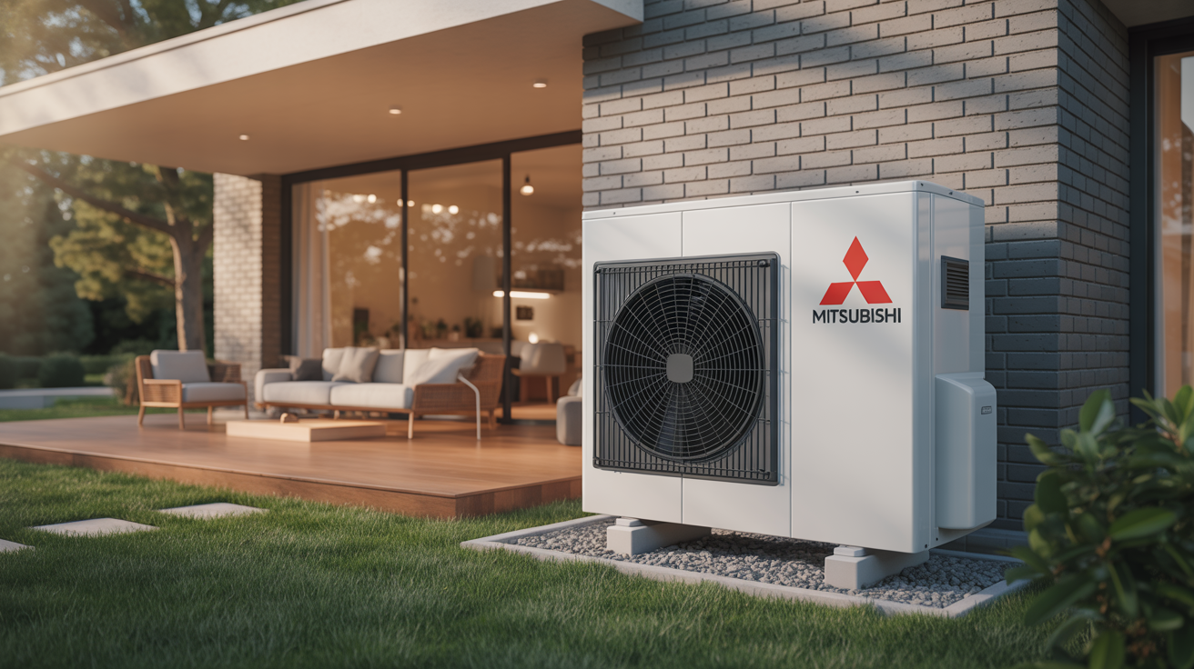 pac mitsubishi zubadan 8 kw extérieure installée devant une maison moderne en photo réaliste