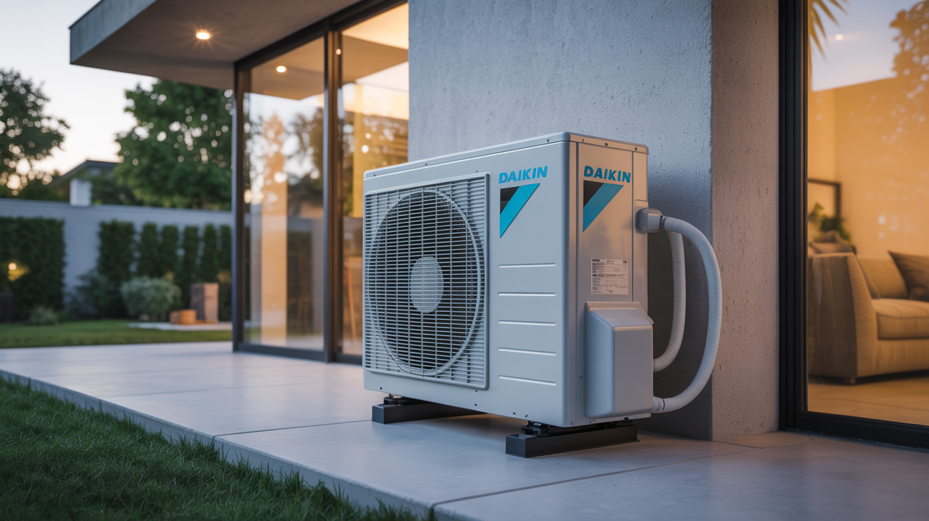 pac monobloc daikin installée en extérieur devant une maison moderne